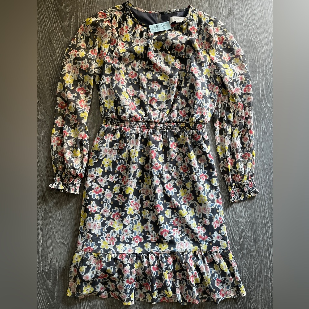 NEW LOFT Shimmer Floral Smocked Flounce Long Floral Sleeve Dress XXSP